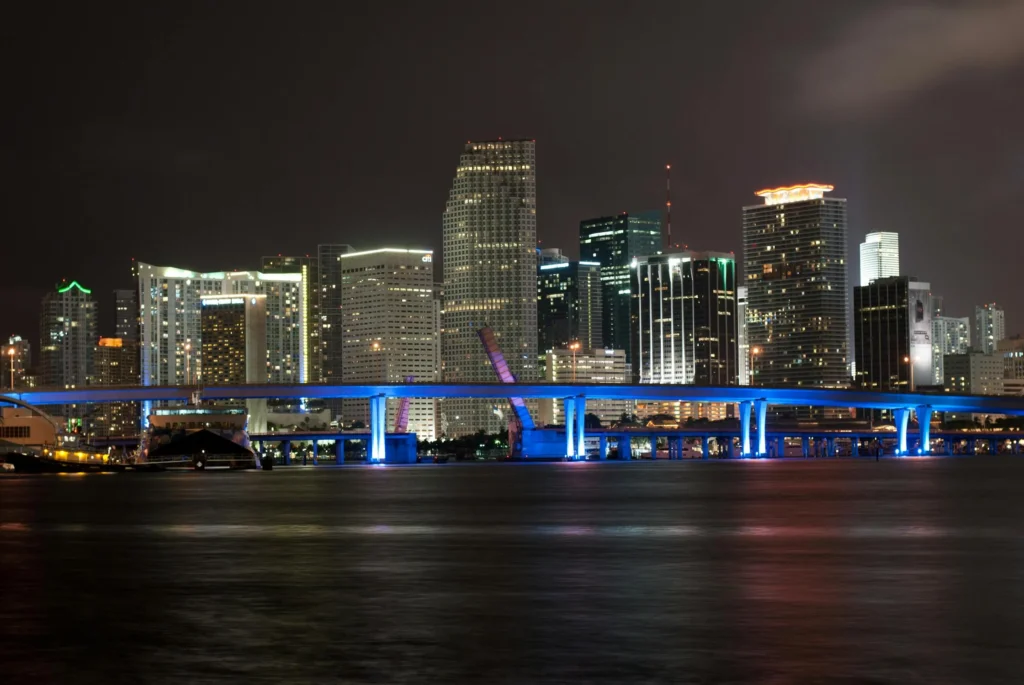 Miami skyline at night, South Florida security coverage