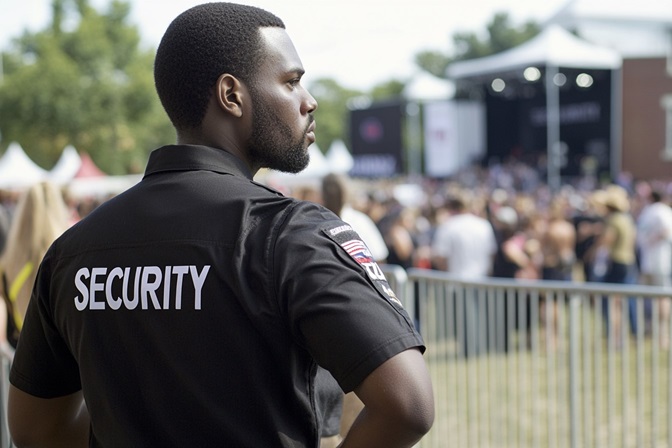 Unarmed security guard watching a crowd at a South Florida event