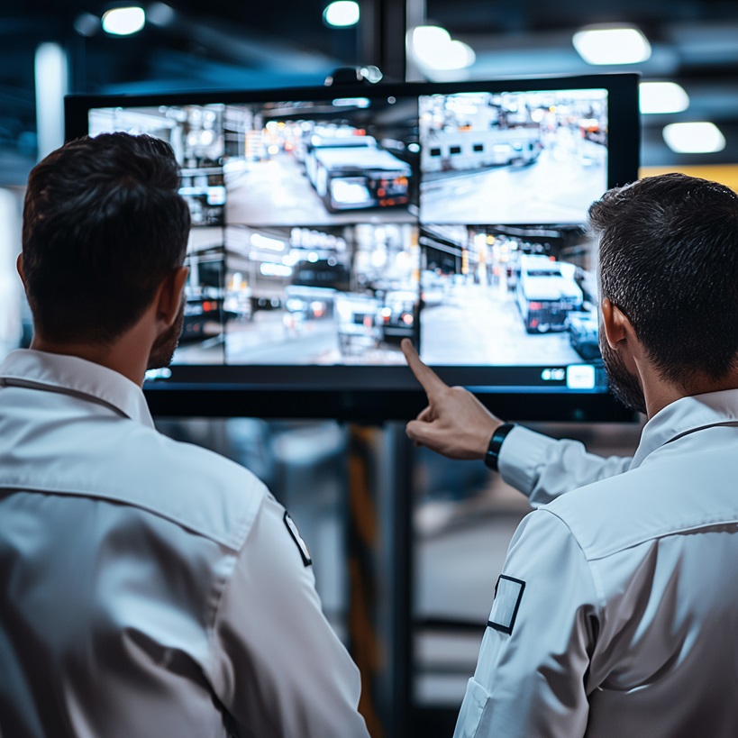 Security guards monitoring store cameras at a South Florida retail location