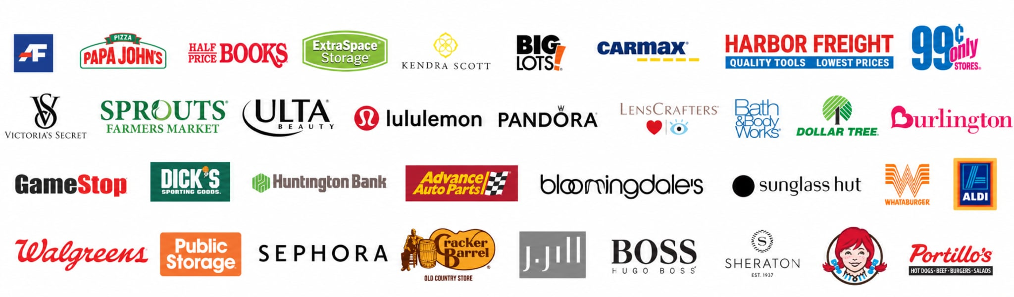 Atack past client list American Freight, Papa Johns, Half Price Books, Extra Space Storage, Kendra Scott, Big Lots!, CarMax, Harbor Freight, 99 Cents Only Stores, Victoria's Secret, Sprouts Farmers Market, Ulta Beauty, lululemon, Pandora, LensCrafters, Bath & Body Works, Dollar Tree, Burlington, GameStop, Dick's Sporting Goods, Huntington Bank, Advance Auto Parts, Bloomingdale's, Sunglass Hut, Whataburger, ALDI, Walgreens, Public Storage, Sephora, Cracker Barrel, J.Jill, BOSS, Hugo Boss, Sheraton, Wendy's, Portillo's