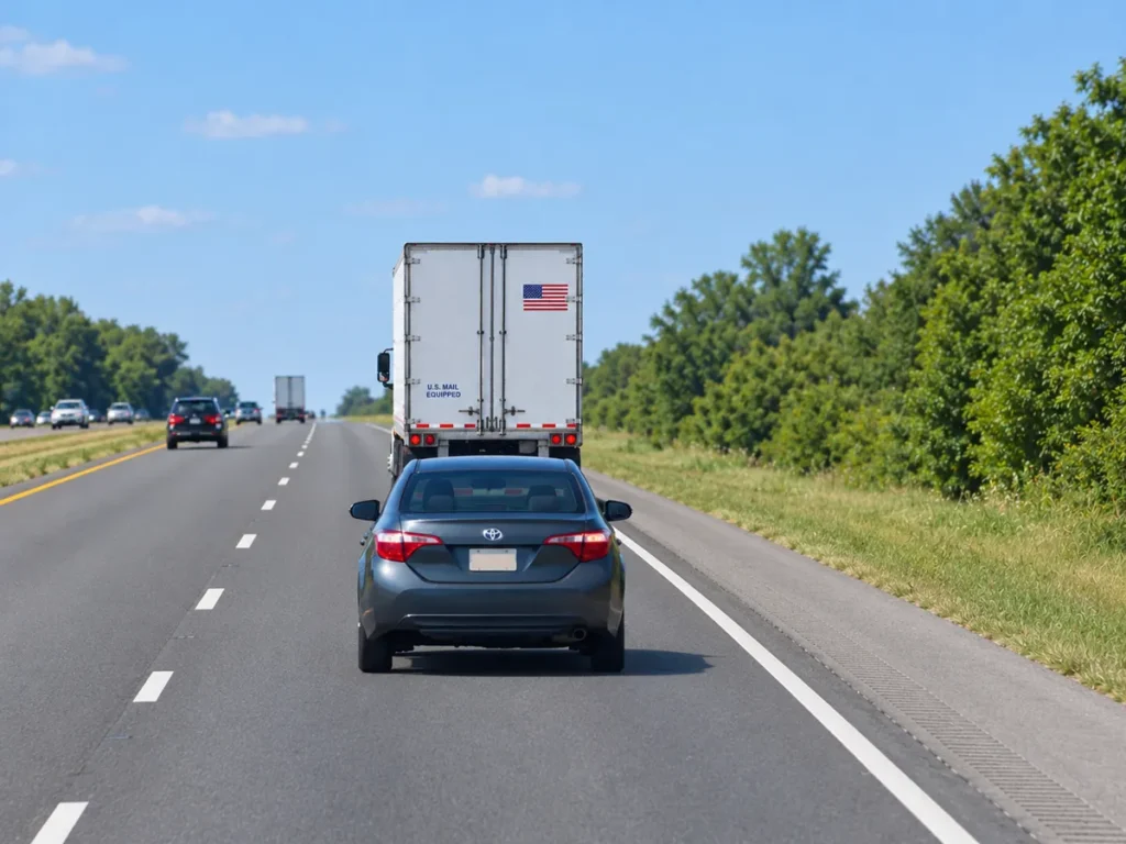 Atack Protection Group escort car following a tractor-trailer with a high-value load on a South Florida highway