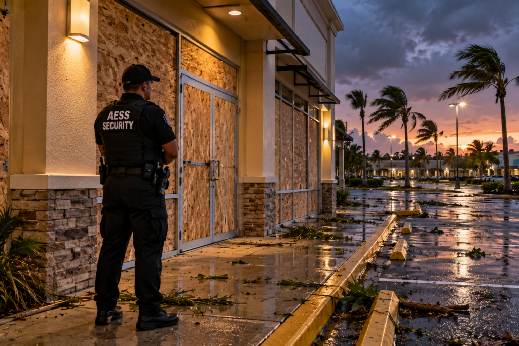 boarded-up South Florida storefront after a storm, with a uniformed officer standing guard