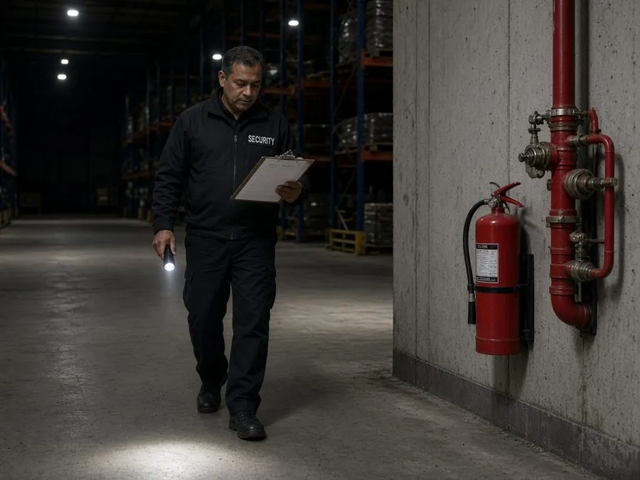 Unarmed fire watch guard doing rounds past a sprinkler riser and fire extinguisher